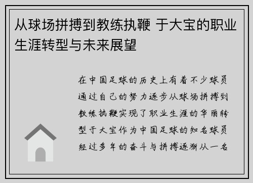 从球场拼搏到教练执鞭 于大宝的职业生涯转型与未来展望